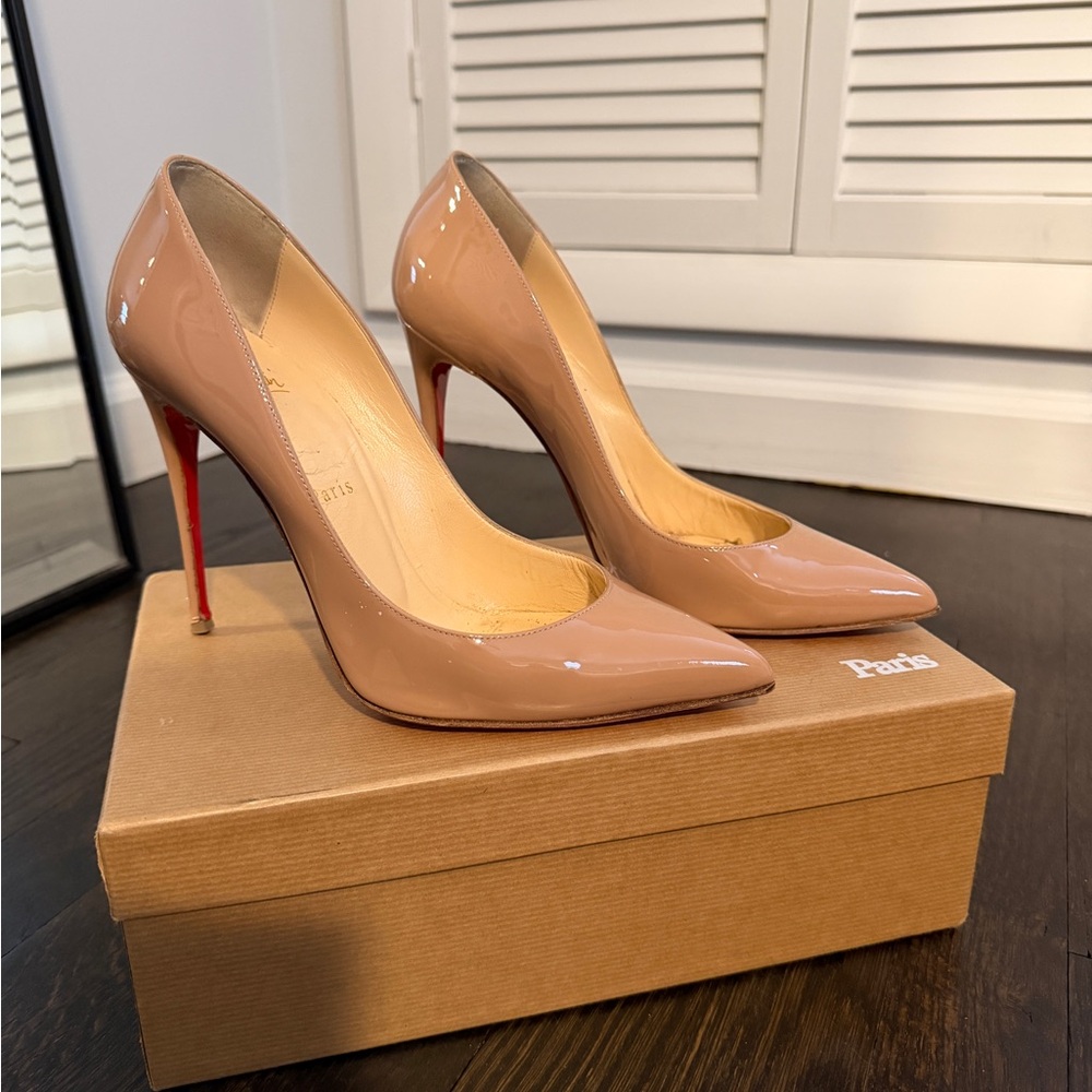 Christian Louboutin Nude Patent Pointed-Toe Pumps with Red Stiletto Heel